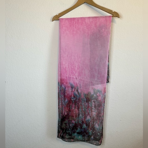 Joyce 100% Silk Pink Purple Watercolor Abstract Floral Artsy Scarf Wrap 40”x50” - Picture 7 of 8